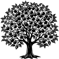 Fototapeta premium Fruit Tree Silhouette Vector - Apple or Orange Tree with Leaves and Hanging Fruits Isolated on White Background