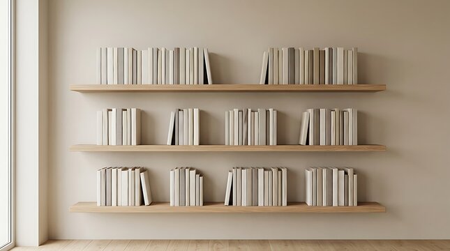 Minimalist home library shelf design with blank hardcover books on light wooden shelving for professional interior staging and decor projects