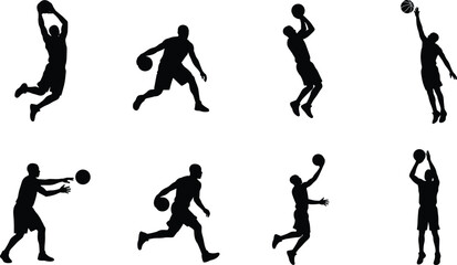 Basketball player silhouettes set of athletic men dribbling passing shooting and slam dunking ball © MdAsikul