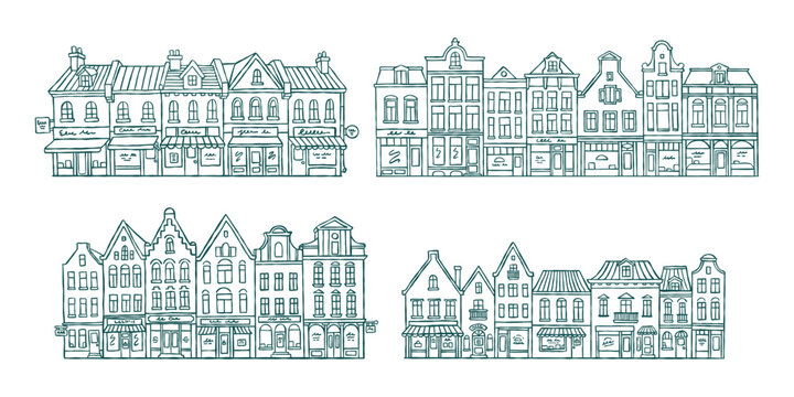 Charming hand drawn building set with various European style facades, featuring shops and detailed architectural elements in simple line art style
