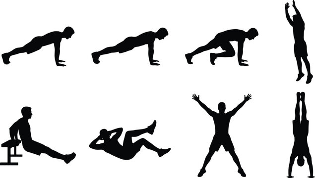 Bodyweight home workout and calisthenics fitness exercise silhouettes vector collection featuring pushups, mountain climbers, bicycle crunches, and jumping jacks