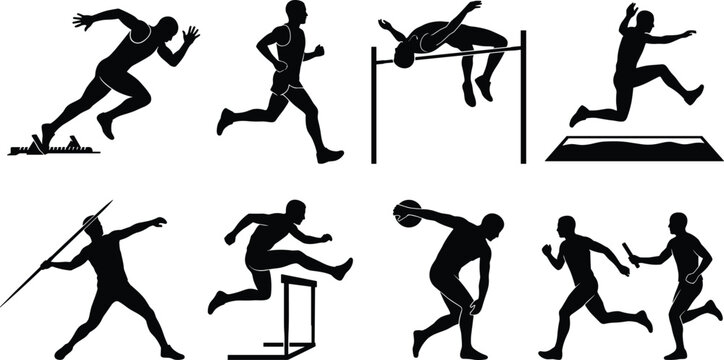 Track and field athletics sports silhouettes vector collection featuring sprinting, hurdles, long jump, high jump, javelin, discus, and relay race