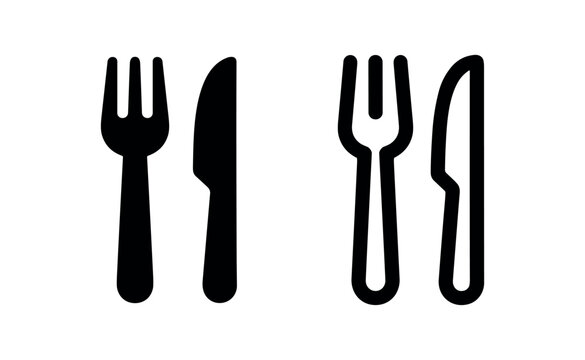 Fork and Knife Icon Set - Utensils Symbol in Solid and Outline Style for Dining and Food