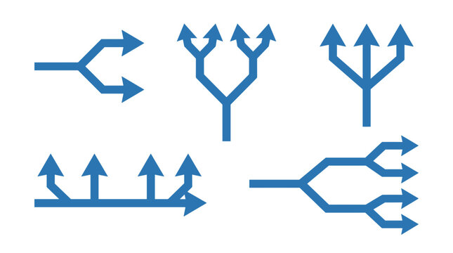 Collection of blue branching arrows and flow diagrams on a white background representing divergence and distribution