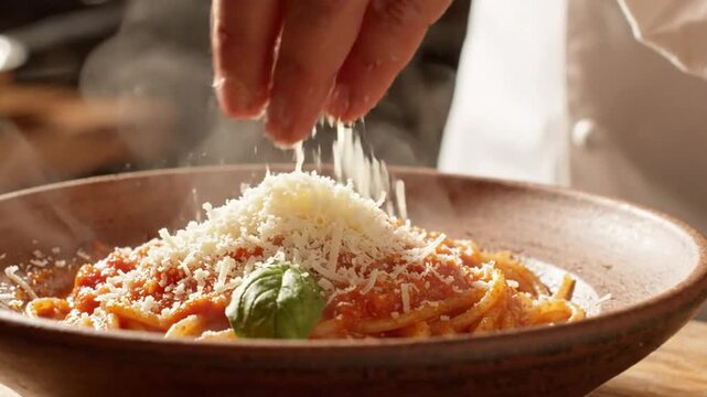 Chef expertly garnishes steaming pasta dish with fresh grated cheese