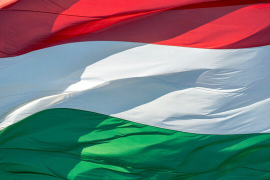 Hungarian flag waving in the wind at a public event showing national pride and colors of the republic