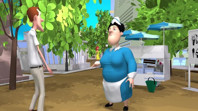 3d animation, two cartoon character speaking on city street