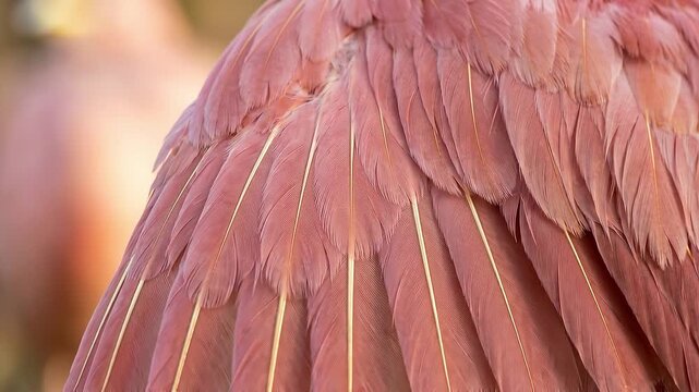 Slow pan tracking shot of flamingo feathers ruffling and shifting on wing close up in tropical wetland enclosure with soft golden backlit pink coral plumage calm morning study