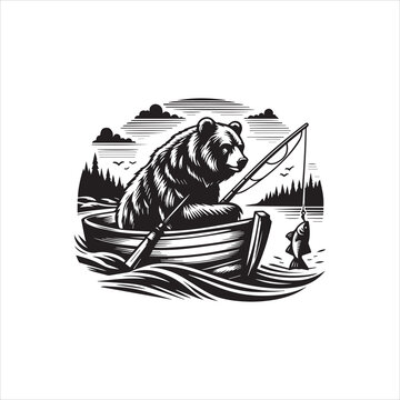 Vintage style illustration of a bear fishing from a small wooden boat in a lake.