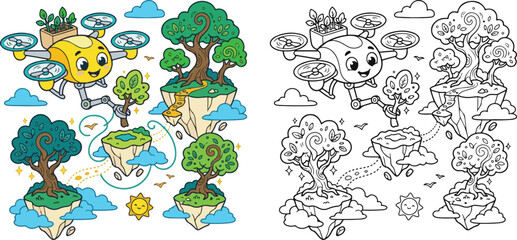 Obraz premium drone planting floating trees flying in sky cloud cartoon clipart and lineart print vector illustration for color coloring book