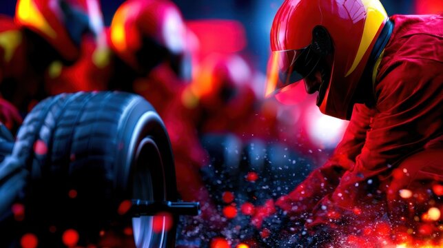A racing team in red suits changes a tire amidst a dynamic and vibrant environment