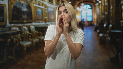 Fototapeta premium Young blonde woman cupping hands to mouth, calling out in a museum gallery with framed paintings and gilded chairs inside a grand building; public alarm.