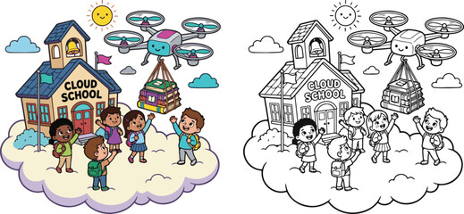Fototapeta premium drone delivering books to students flying in sky cloud cartoon clipart and lineart print vector illustration for color coloring book