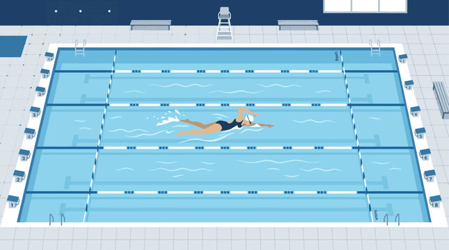 A calming flat design illustration of a female swimmer gracefully doing laps in a tranquil swimming pool, viewed from a high-angle. 
