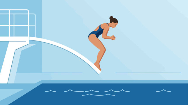 An anticipation-filled flat design illustration of a female diver poised on a springboard, ready to execute her dive. 