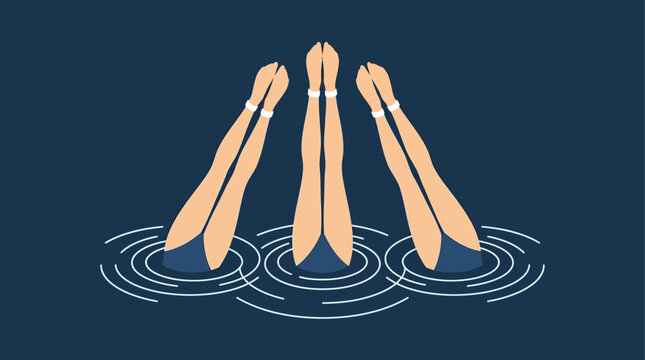 A graceful flat design illustration capturing the synchronized elegance of artistic swimming, with multiple legs extended perfectly above water.