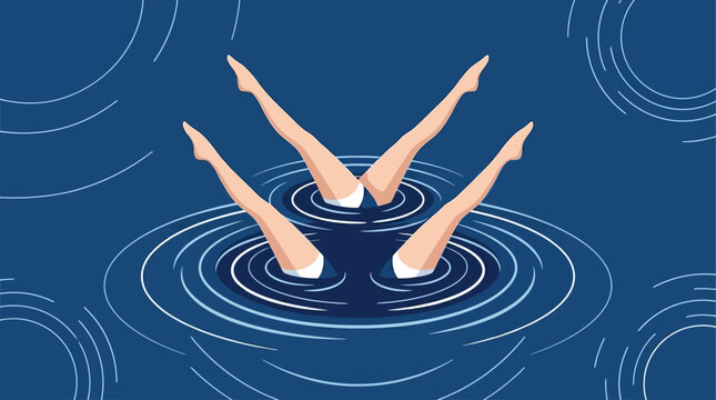 A graceful flat design illustration capturing the synchronized elegance of artistic swimming, with multiple legs extended perfectly above water.