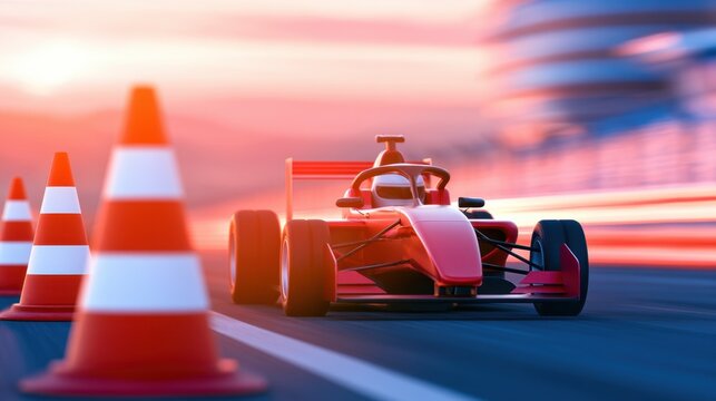 A sleek racing car speeds past traffic cones with a vibrant sunset backdrop and motion blur