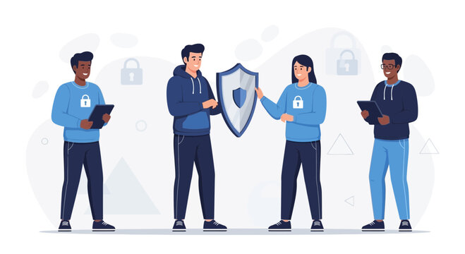 Diverse team protecting data with shield and digital security concept, vector illustration