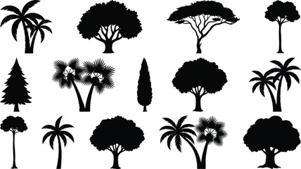 Collection of black tree silhouettes vector illustration featuring palm, pine, and deciduous trees on white background © VactorZone