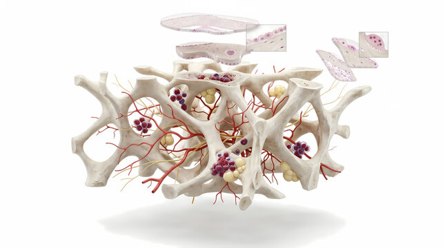 Microscopic View of Trabecular Bone Structure With Cells and Blood Vessels