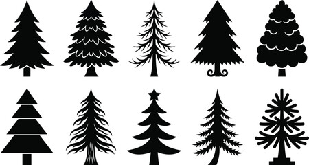 Obraz premium Set of black Christmas and pine tree silhouettes vector icons isolated on white background