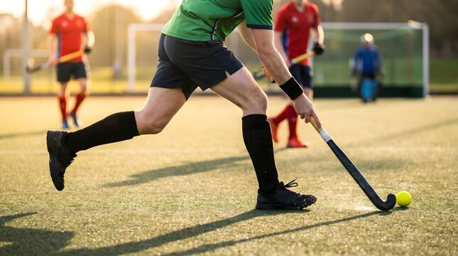Field hockey player in green jersey dribbling a yellow ball across the outdoor turf court