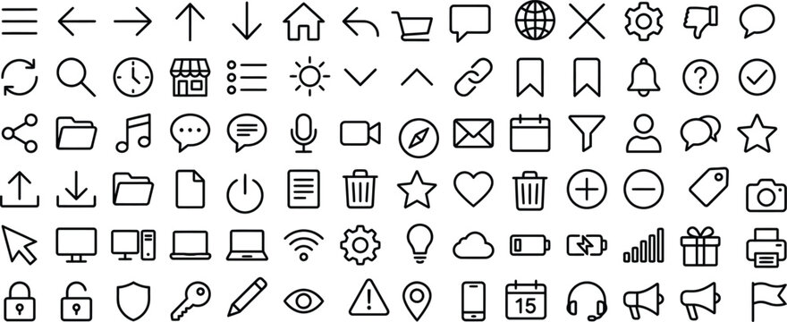 Large collection of essential UI UX line icons for web, mobile apps, and digital graphic design
