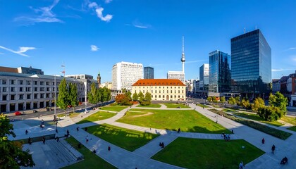 Naklejka premium Modern Urban Park and Office Buildings Under Clear Blue Sky in Berlin City Center