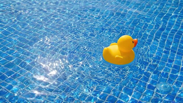 Tracking shot of yellow rubber duck bobbing and drifting across rippling tiled pool water under bright midday sunlight in backyard playful summer scene