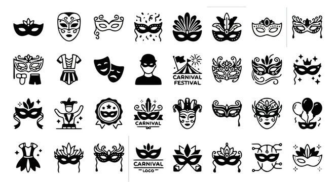 Carnival mask icon set, 32 masquerade party elements in black glyph style, venetian festival symbols and theater costume vector graphics
