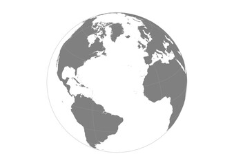 Fototapeta premium Orthographic 3D Globe Vector Grid The Atlantic Axis US East Coast and Western Europe Solid Grey Silhouette Map with White Latitude Longitude Grid and Grey Horizon Line