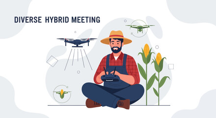 Obraz premium Farmer controlling drones for precision agriculture, modern farming technology, sustainable crop management, concept of innovation and growth.
