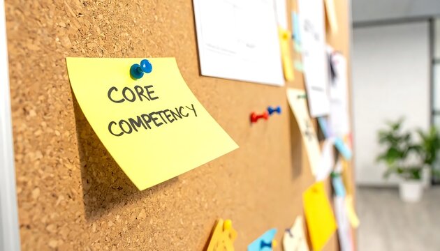 Yellow Sticky Note Reading Core Competency Pinned on Office Cork Board