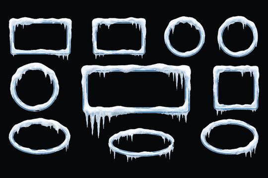 Vector set of frozen ice frames with snow and hanging icicles isolated on black background