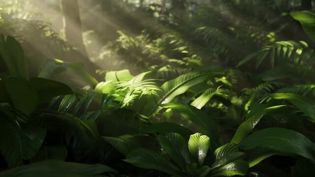 Slow tracking pan tilt of rainforest undergrowth with sunlight filtering through tropical forest canopy in morning mist