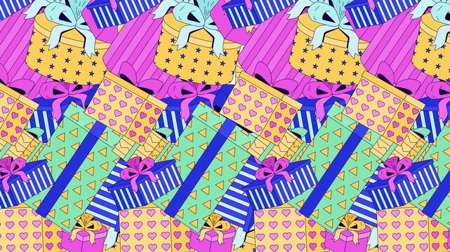 Wrapped gift boxes transition effect video overlay. Festive celebration. Presents with bows. Animated flat cartoon reveal on transparent background. Scene change. Dynamic fill motion graphic