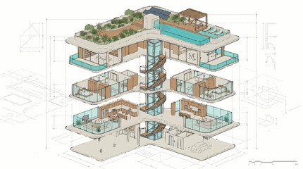 Fototapeta premium Modern Architectural Building Design with Interior Layouts and Rooftop Amenities.