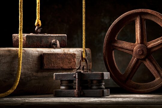 Vintage Industrial Pulley System with Ropes and Rusty Iron Wheel on Dark Background