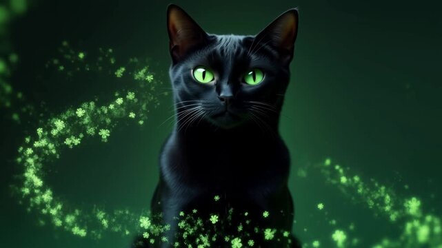 Slow motion close up of black cat as glowing green clover particles swirl around dark studio background