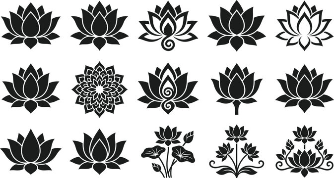 Collection of black lotus flower and mandala designs on white background