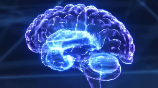 Tracking shot of holographic brain rotating and zooming against virtual network background with glowing blue particles