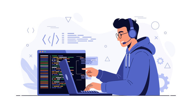 Programmer Coder Working on Laptop with Code on Screen, Wearing Headset, Vector Illustration