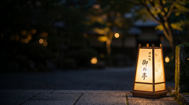 Traditional Japanese Andon Lantern Glowing Softly in a Garden at Night with Copy Space