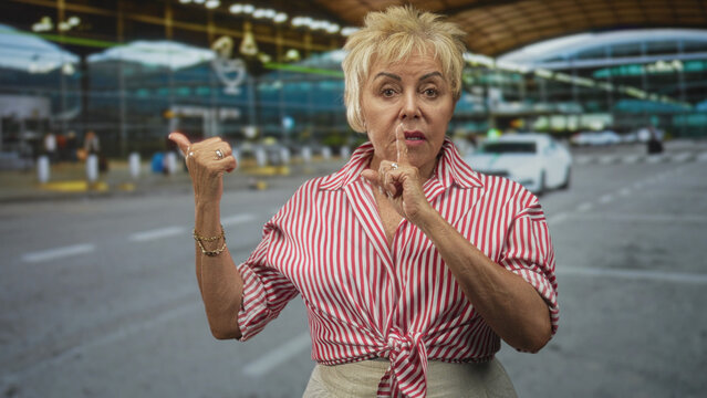 Senior hispanic woman with finger to lips in shushing gesture at airport curbside dropoff, pointing thumb toward terminal entrance; quiet travel tip.