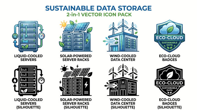 Green technology and sustainable data storage icons set with solar powered servers, wind data center, eco cloud badge in vector style
