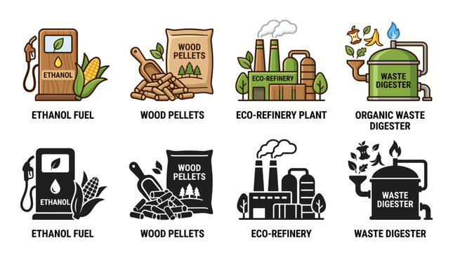 Set of renewable energy and biofuel production icons featuring ethanol fuel, wood pellets, eco-refinery and organic waste digester