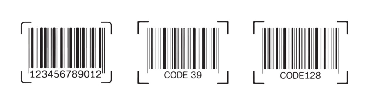 Various barcode standards with numeric sequences and text labels for commercial product tracking.