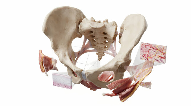 Detailed Human Pelvis Anatomical Model With Muscle And Ligament Close-Ups