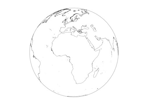 Orthographic 3D Globe Vector Europe and Africa EMEA Region Transparent Map with Black Outlines